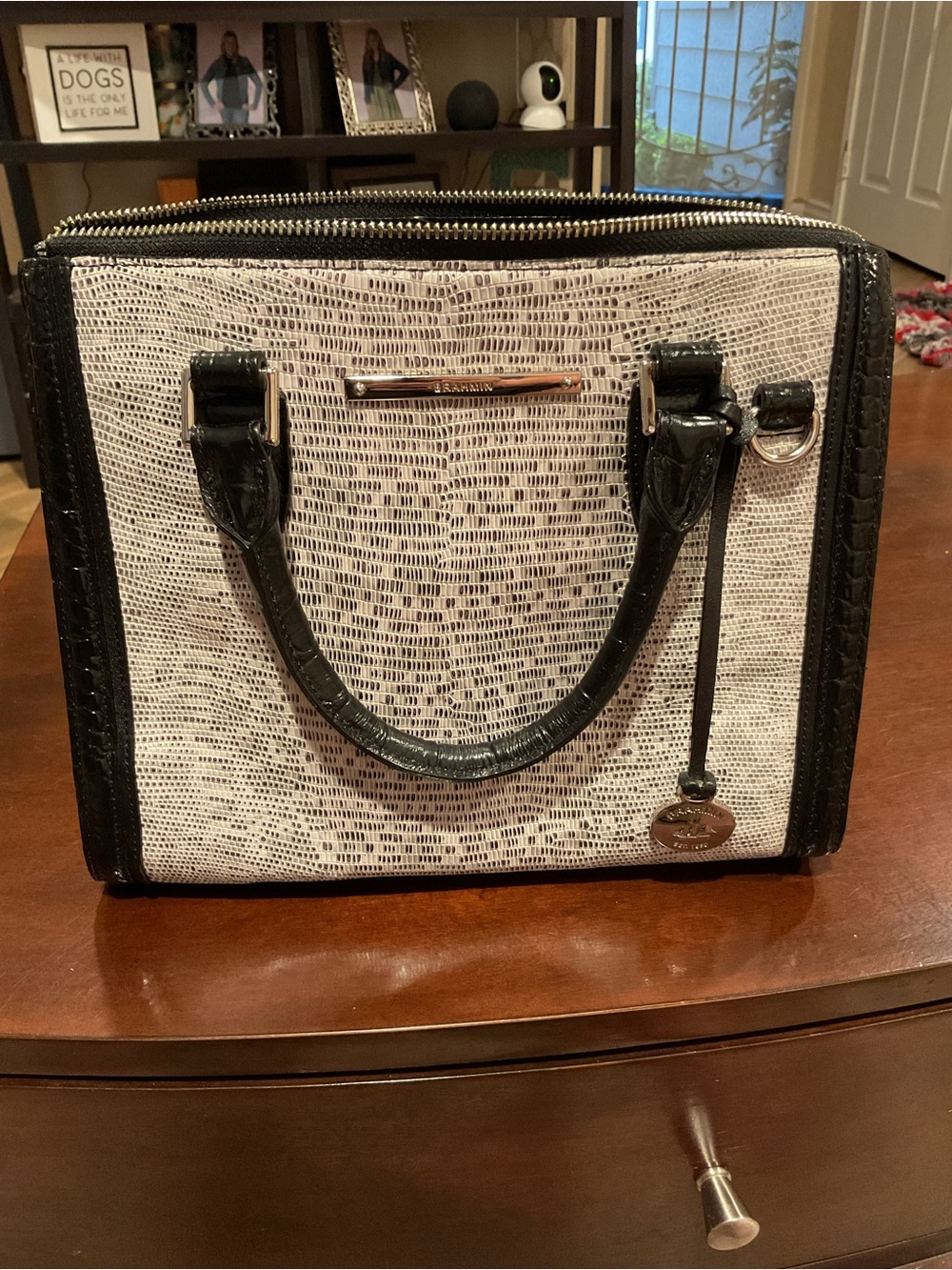 Brahmin Black and White Textured Satchel